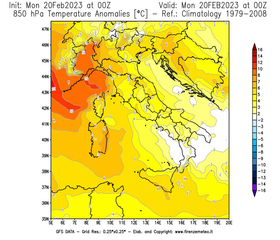 Mappa di analisi GFS - Anomalia Temperatura [°C] a 850 hPa in Italia
							del 20/02/2023 00 <!--googleoff: index-->UTC<!--googleon: index-->