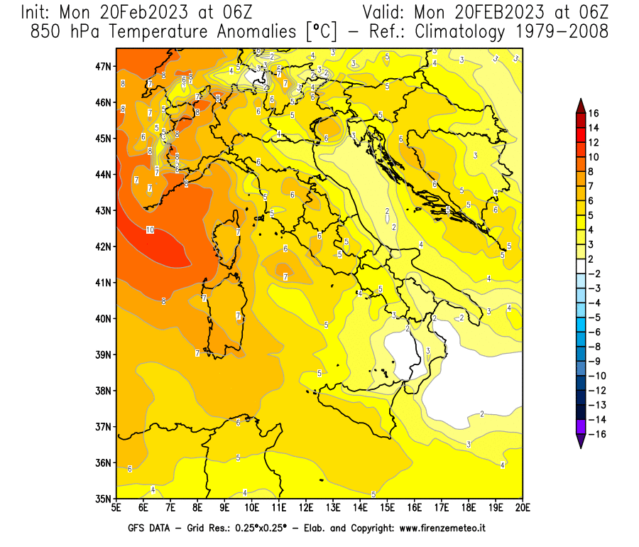 Mappa di analisi GFS - Anomalia Temperatura [°C] a 850 hPa in Italia
							del 20/02/2023 06 <!--googleoff: index-->UTC<!--googleon: index-->