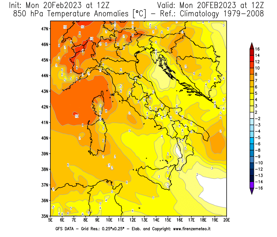 Mappa di analisi GFS - Anomalia Temperatura [°C] a 850 hPa in Italia
							del 20/02/2023 12 <!--googleoff: index-->UTC<!--googleon: index-->