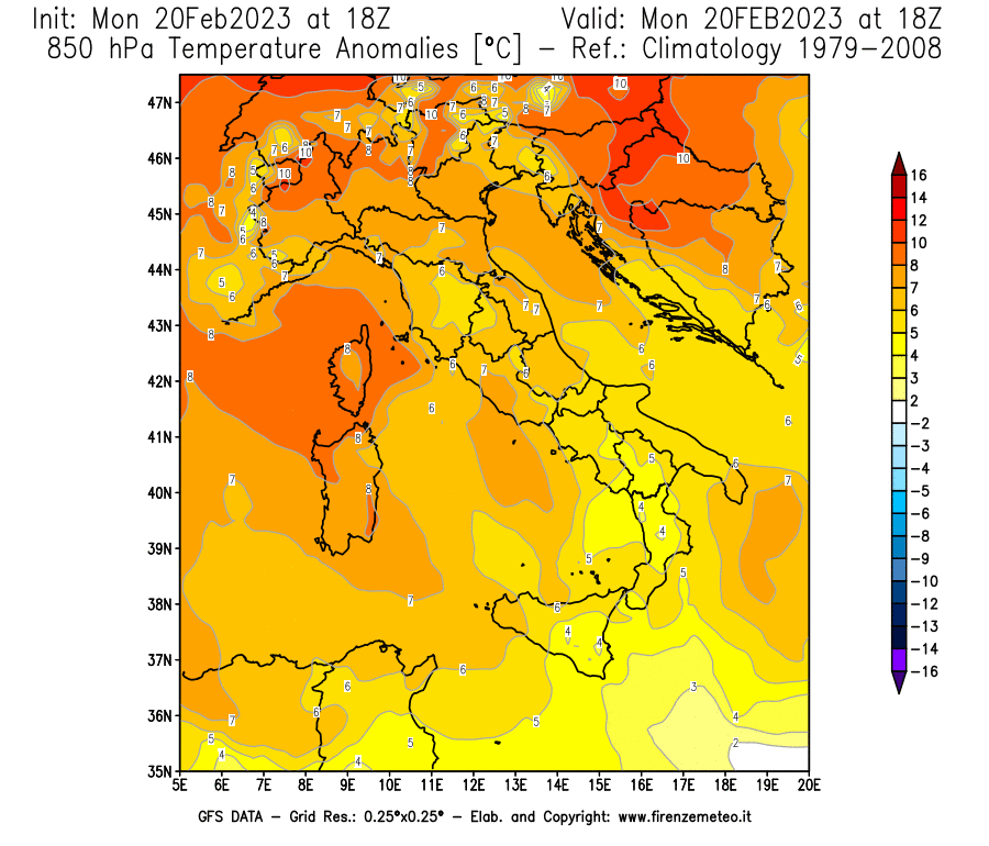 Mappa di analisi GFS - Anomalia Temperatura [°C] a 850 hPa in Italia
							del 20/02/2023 18 <!--googleoff: index-->UTC<!--googleon: index-->