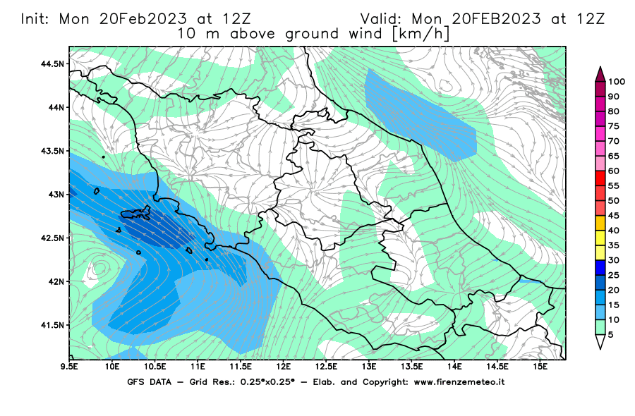 Mappa di analisi GFS - Velocità del vento a 10 metri dal suolo [km/h] in Centro-Italia
							del 20/02/2023 12 <!--googleoff: index-->UTC<!--googleon: index-->
