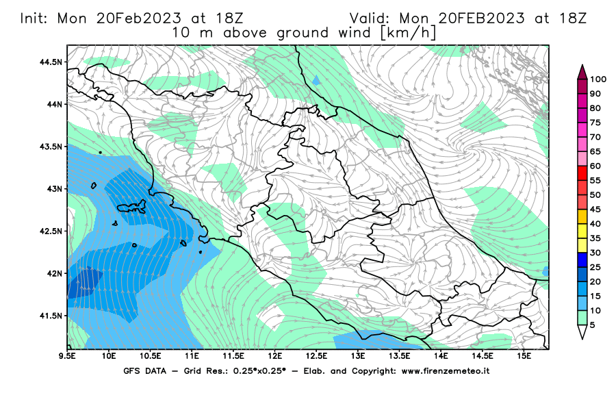 Mappa di analisi GFS - Velocità del vento a 10 metri dal suolo [km/h] in Centro-Italia
							del 20/02/2023 18 <!--googleoff: index-->UTC<!--googleon: index-->