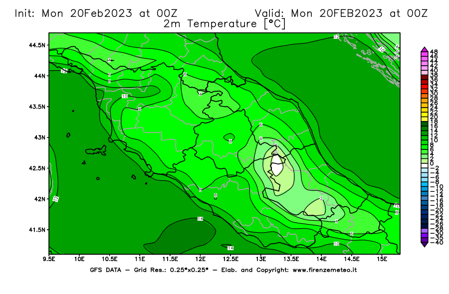 Mappa di analisi GFS - Temperatura a 2 metri dal suolo [°C] in Centro-Italia
							del 20/02/2023 00 <!--googleoff: index-->UTC<!--googleon: index-->