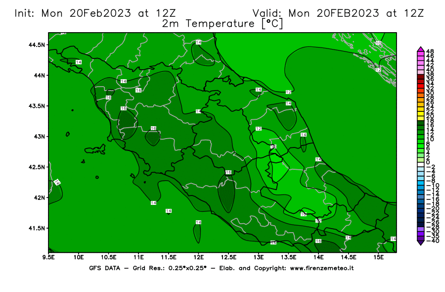 Mappa di analisi GFS - Temperatura a 2 metri dal suolo [°C] in Centro-Italia
							del 20/02/2023 12 <!--googleoff: index-->UTC<!--googleon: index-->