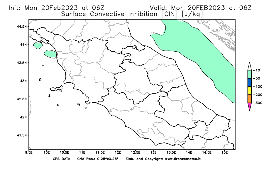 Mappa di analisi GFS - CIN [J/kg] in Centro-Italia
							del 20/02/2023 06 <!--googleoff: index-->UTC<!--googleon: index-->