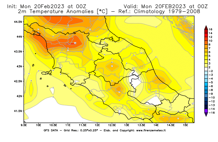 Mappa di analisi GFS - Anomalia Temperatura [°C] a 2 m in Centro-Italia
							del 20/02/2023 00 <!--googleoff: index-->UTC<!--googleon: index-->