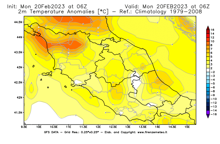 Mappa di analisi GFS - Anomalia Temperatura [°C] a 2 m in Centro-Italia
							del 20/02/2023 06 <!--googleoff: index-->UTC<!--googleon: index-->
