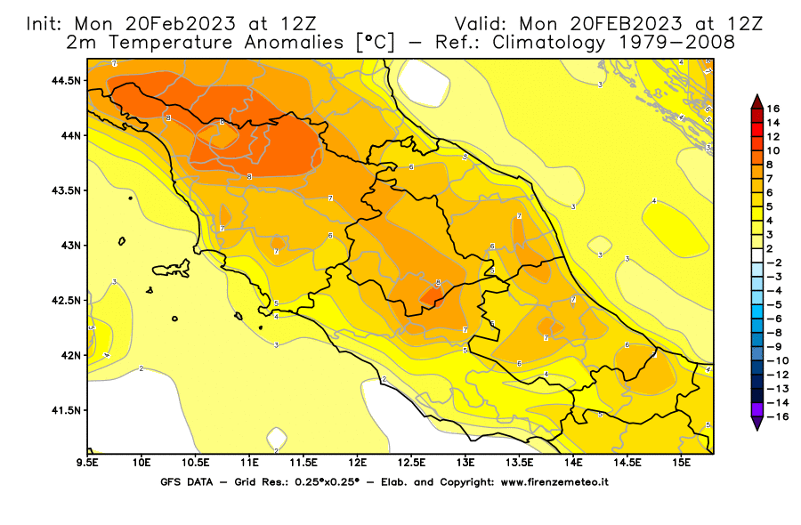 Mappa di analisi GFS - Anomalia Temperatura [°C] a 2 m in Centro-Italia
							del 20/02/2023 12 <!--googleoff: index-->UTC<!--googleon: index-->