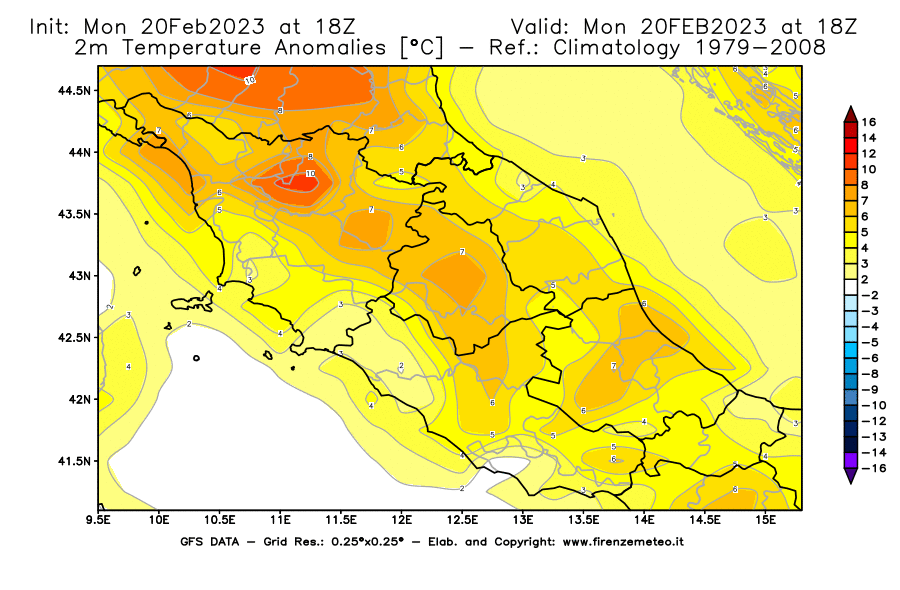 Mappa di analisi GFS - Anomalia Temperatura [°C] a 2 m in Centro-Italia
							del 20/02/2023 18 <!--googleoff: index-->UTC<!--googleon: index-->