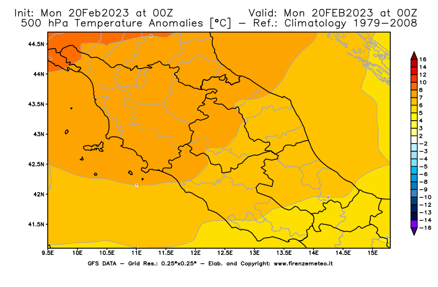 Mappa di analisi GFS - Anomalia Temperatura [°C] a 500 hPa in Centro-Italia
							del 20/02/2023 00 <!--googleoff: index-->UTC<!--googleon: index-->