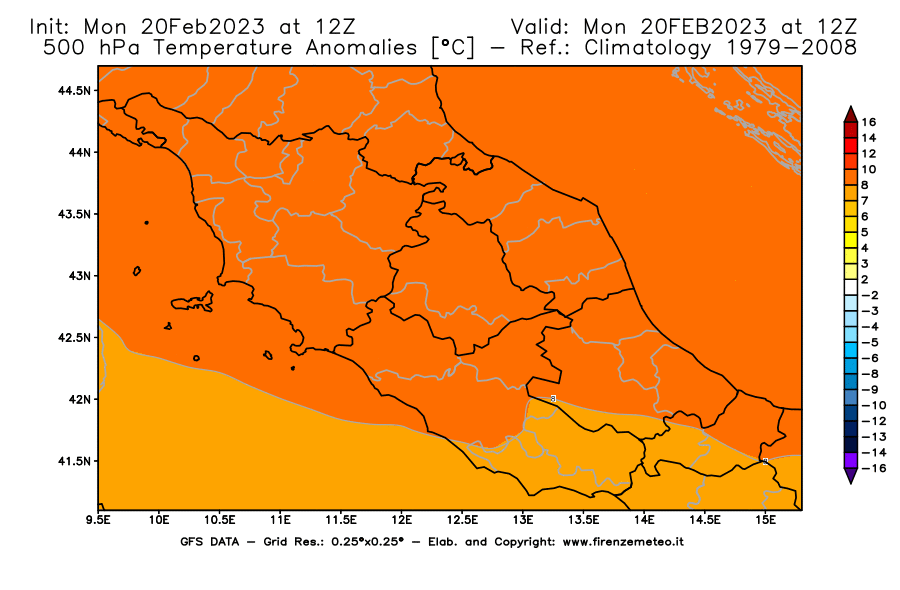 Mappa di analisi GFS - Anomalia Temperatura [°C] a 500 hPa in Centro-Italia
							del 20/02/2023 12 <!--googleoff: index-->UTC<!--googleon: index-->