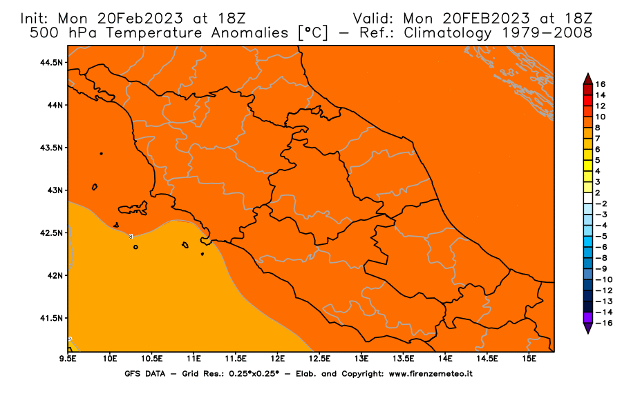 Mappa di analisi GFS - Anomalia Temperatura [°C] a 500 hPa in Centro-Italia
							del 20/02/2023 18 <!--googleoff: index-->UTC<!--googleon: index-->