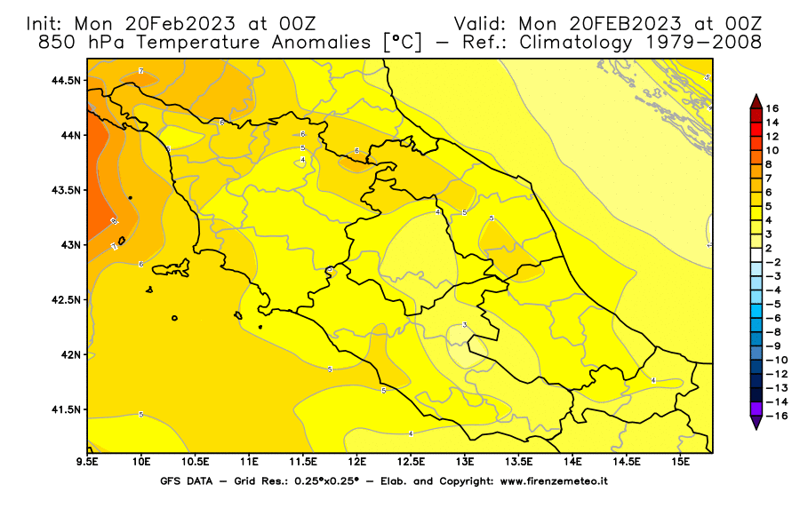 Mappa di analisi GFS - Anomalia Temperatura [°C] a 850 hPa in Centro-Italia
							del 20/02/2023 00 <!--googleoff: index-->UTC<!--googleon: index-->