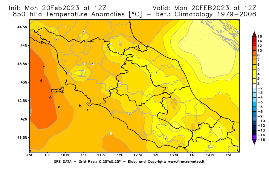 Mappa di analisi GFS - Anomalia Temperatura [°C] a 850 hPa in Centro-Italia
							del 20/02/2023 12 <!--googleoff: index-->UTC<!--googleon: index-->