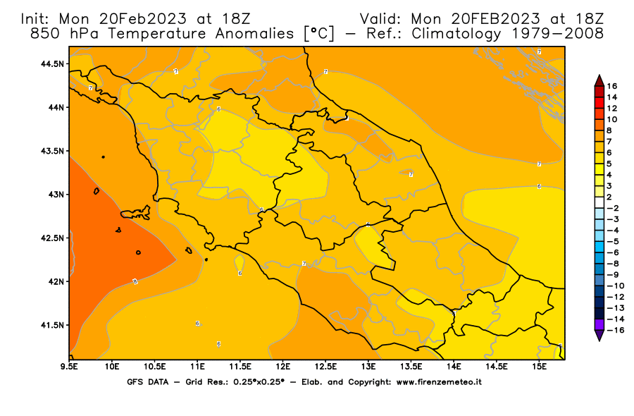 Mappa di analisi GFS - Anomalia Temperatura [°C] a 850 hPa in Centro-Italia
							del 20/02/2023 18 <!--googleoff: index-->UTC<!--googleon: index-->