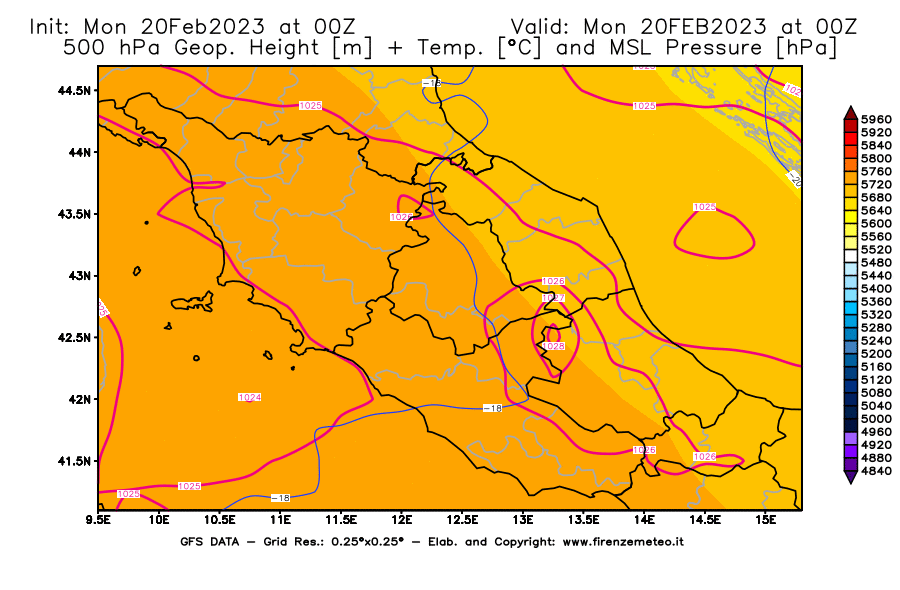 Mappa di analisi GFS - Geopotenziale [m] + Temp. [°C] a 500 hPa + Press. a livello del mare [hPa] in Centro-Italia
							del 20/02/2023 00 <!--googleoff: index-->UTC<!--googleon: index-->