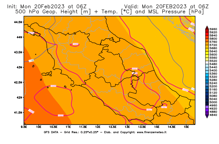 Mappa di analisi GFS - Geopotenziale [m] + Temp. [°C] a 500 hPa + Press. a livello del mare [hPa] in Centro-Italia
							del 20/02/2023 06 <!--googleoff: index-->UTC<!--googleon: index-->