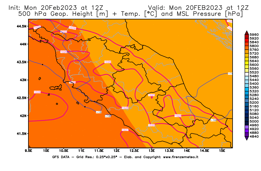 Mappa di analisi GFS - Geopotenziale [m] + Temp. [°C] a 500 hPa + Press. a livello del mare [hPa] in Centro-Italia
							del 20/02/2023 12 <!--googleoff: index-->UTC<!--googleon: index-->