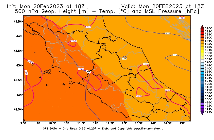 Mappa di analisi GFS - Geopotenziale [m] + Temp. [°C] a 500 hPa + Press. a livello del mare [hPa] in Centro-Italia
							del 20/02/2023 18 <!--googleoff: index-->UTC<!--googleon: index-->