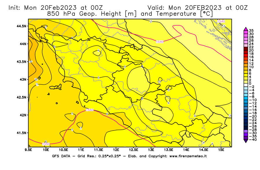 Mappa di analisi GFS - Geopotenziale [m] e Temperatura [°C] a 850 hPa in Centro-Italia
							del 20/02/2023 00 <!--googleoff: index-->UTC<!--googleon: index-->
