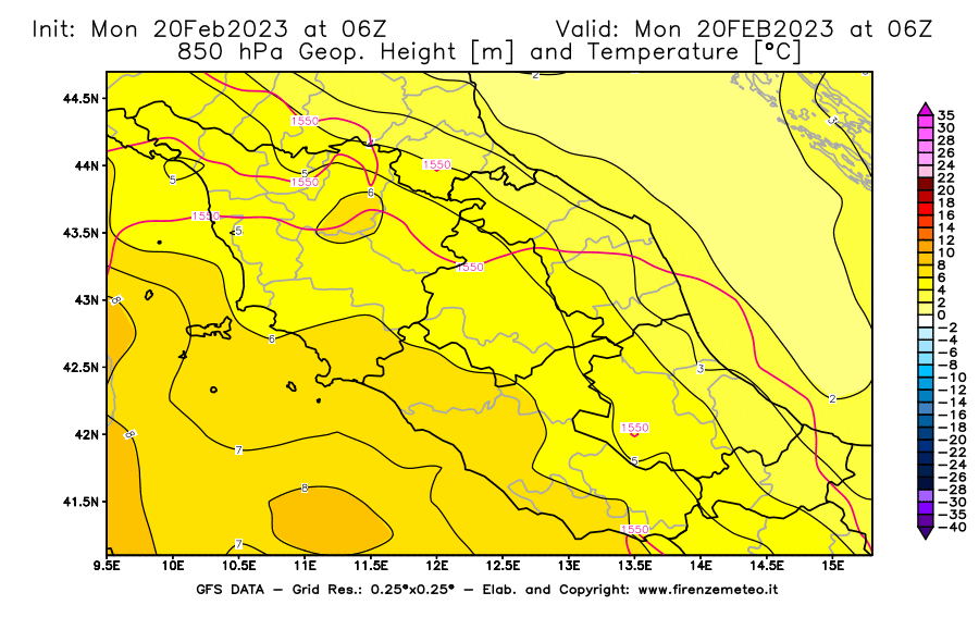 Mappa di analisi GFS - Geopotenziale [m] e Temperatura [°C] a 850 hPa in Centro-Italia
							del 20/02/2023 06 <!--googleoff: index-->UTC<!--googleon: index-->