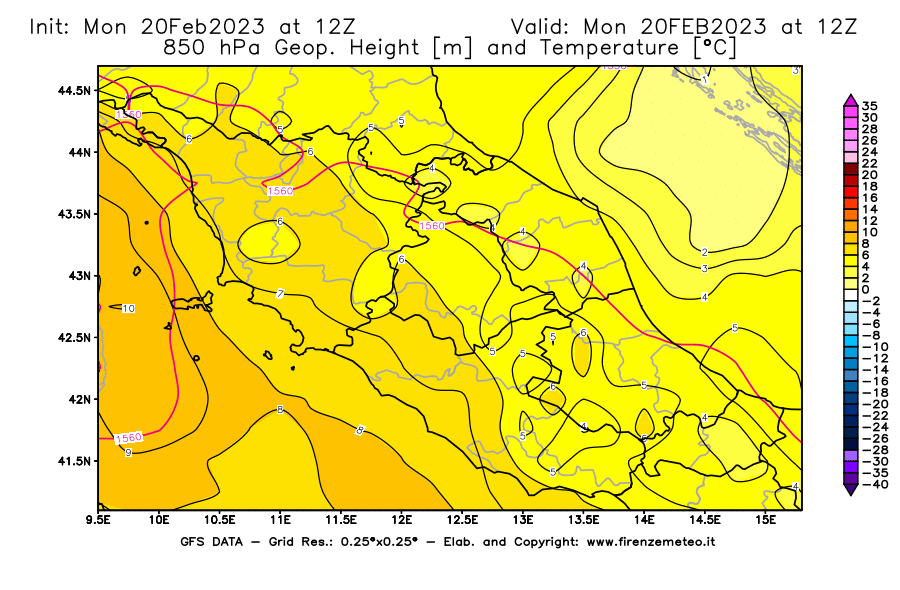 Mappa di analisi GFS - Geopotenziale [m] e Temperatura [°C] a 850 hPa in Centro-Italia
							del 20/02/2023 12 <!--googleoff: index-->UTC<!--googleon: index-->