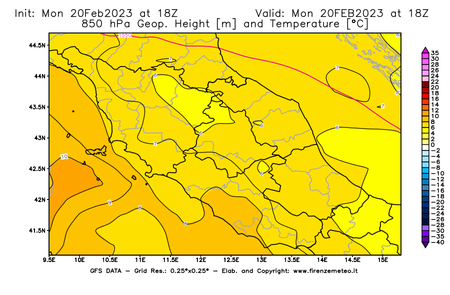 Mappa di analisi GFS - Geopotenziale [m] e Temperatura [°C] a 850 hPa in Centro-Italia
							del 20/02/2023 18 <!--googleoff: index-->UTC<!--googleon: index-->