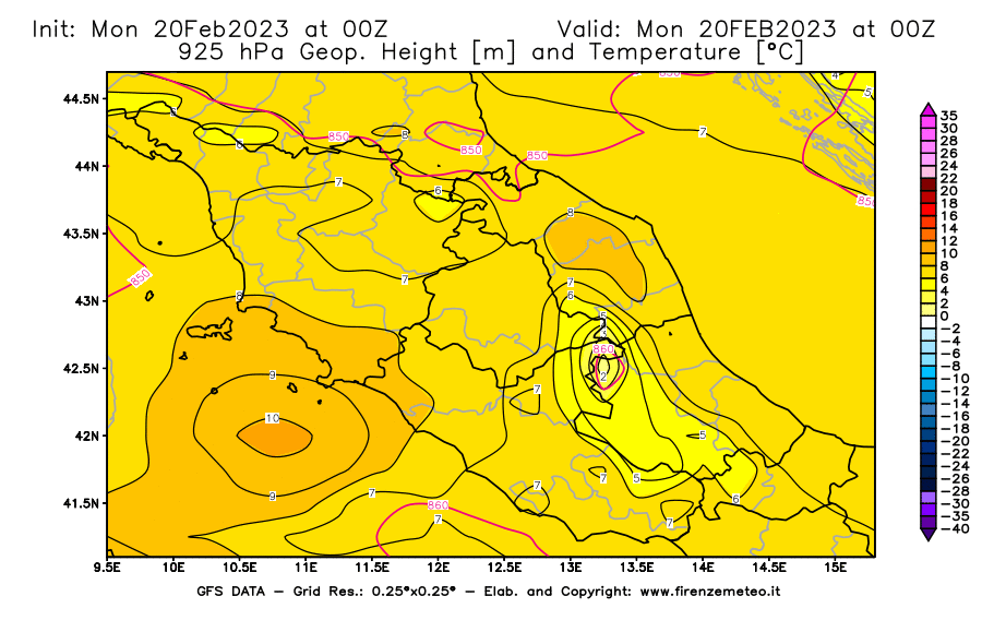 Mappa di analisi GFS - Geopotenziale [m] e Temperatura [°C] a 925 hPa in Centro-Italia
							del 20/02/2023 00 <!--googleoff: index-->UTC<!--googleon: index-->