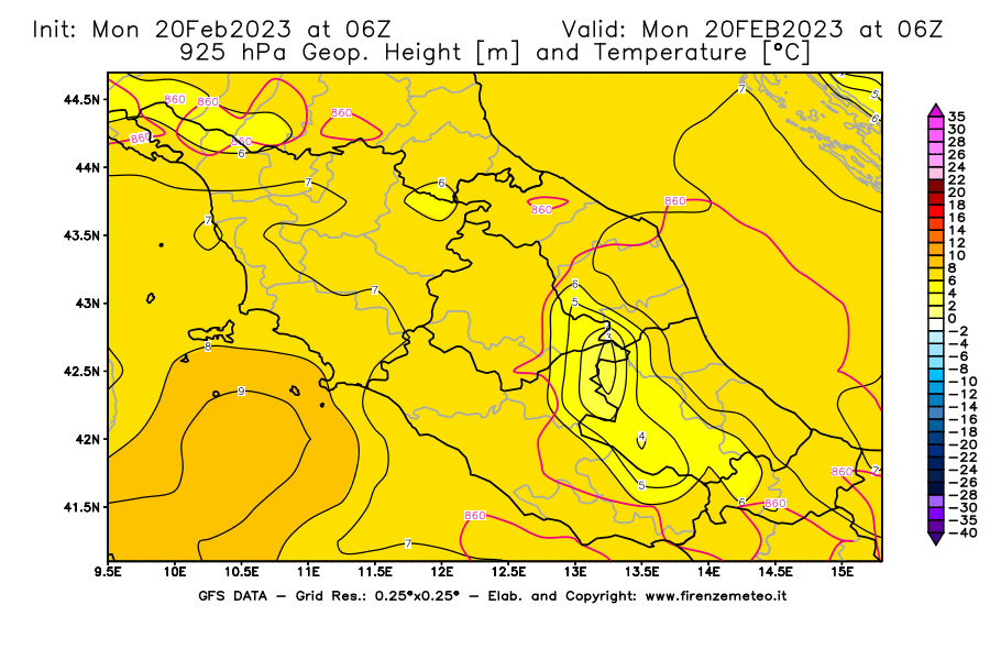Mappa di analisi GFS - Geopotenziale [m] e Temperatura [°C] a 925 hPa in Centro-Italia
							del 20/02/2023 06 <!--googleoff: index-->UTC<!--googleon: index-->