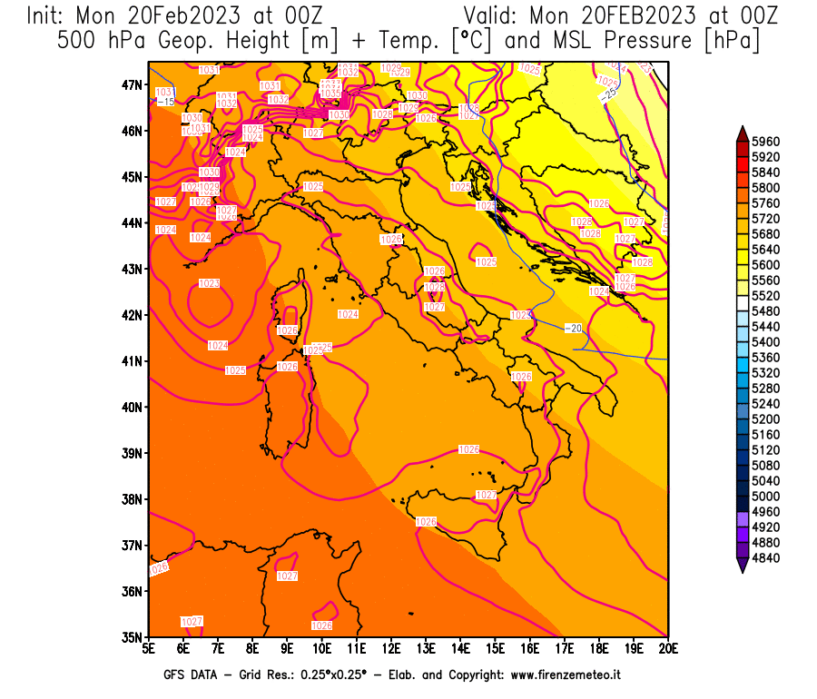Mappa di analisi GFS - Geopotenziale [m] + Temp. [°C] a 500 hPa + Press. a livello del mare [hPa] in Italia
							del 20/02/2023 00 <!--googleoff: index-->UTC<!--googleon: index-->