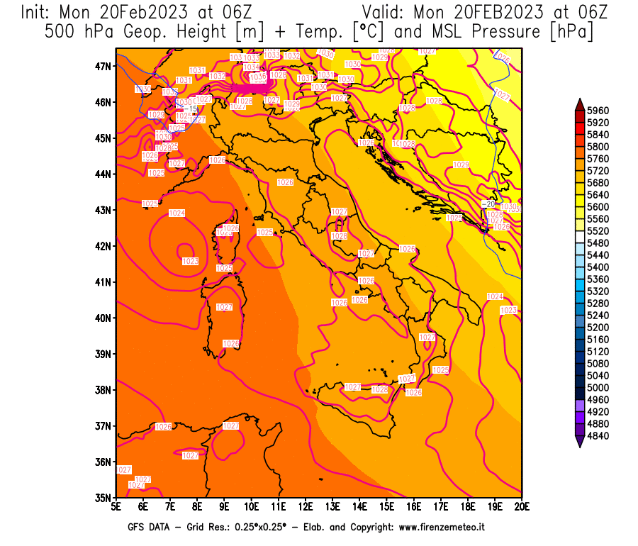Mappa di analisi GFS - Geopotenziale [m] + Temp. [°C] a 500 hPa + Press. a livello del mare [hPa] in Italia
							del 20/02/2023 06 <!--googleoff: index-->UTC<!--googleon: index-->