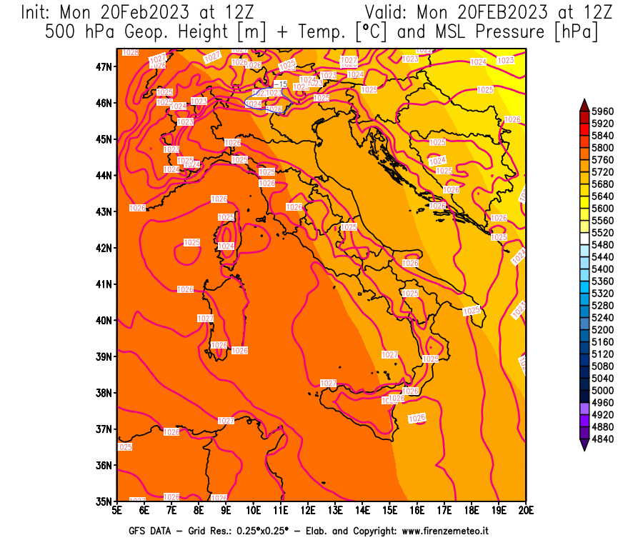 Mappa di analisi GFS - Geopotenziale [m] + Temp. [°C] a 500 hPa + Press. a livello del mare [hPa] in Italia
							del 20/02/2023 12 <!--googleoff: index-->UTC<!--googleon: index-->