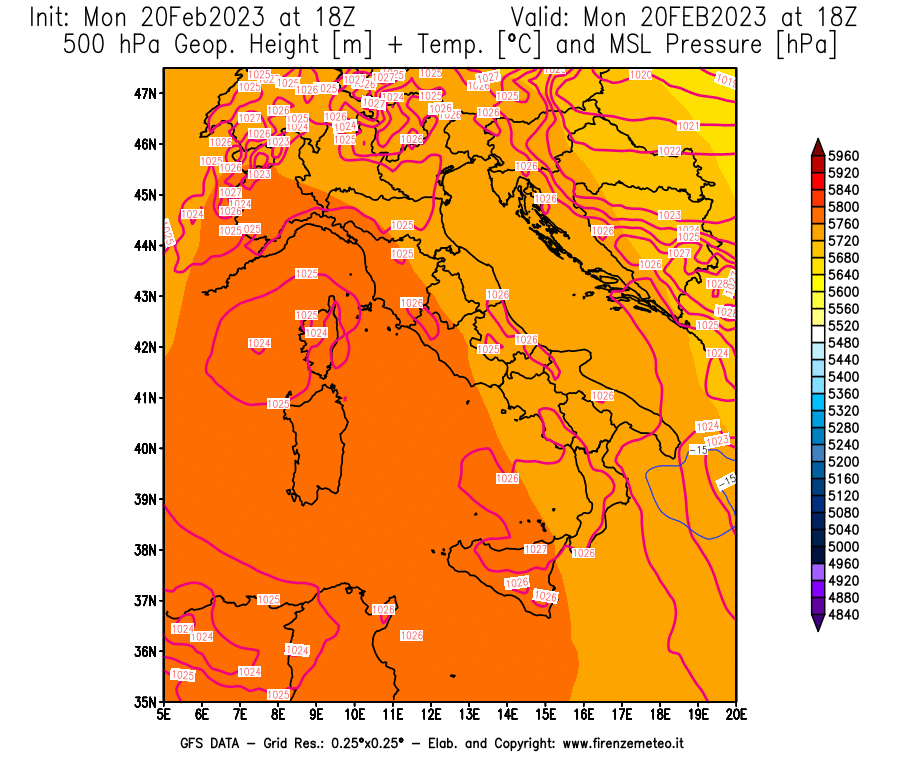 Mappa di analisi GFS - Geopotenziale [m] + Temp. [°C] a 500 hPa + Press. a livello del mare [hPa] in Italia
							del 20/02/2023 18 <!--googleoff: index-->UTC<!--googleon: index-->