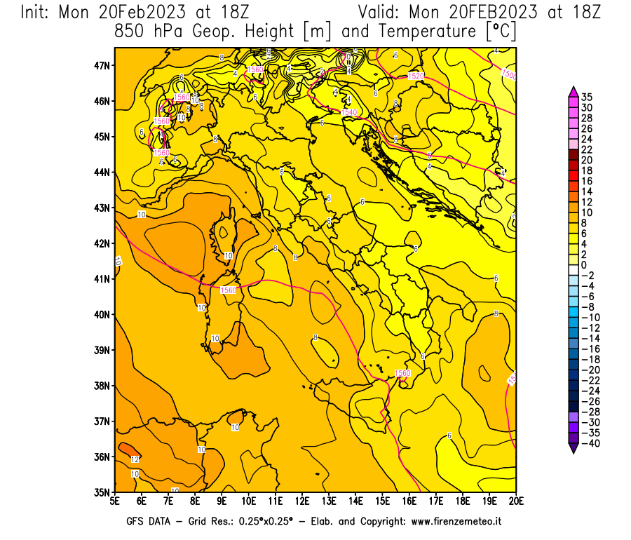 Mappa di analisi GFS - Geopotenziale [m] e Temperatura [°C] a 850 hPa in Italia
							del 20/02/2023 18 <!--googleoff: index-->UTC<!--googleon: index-->