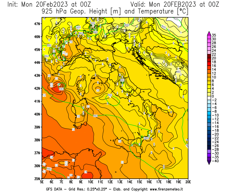 Mappa di analisi GFS - Geopotenziale [m] e Temperatura [°C] a 925 hPa in Italia
							del 20/02/2023 00 <!--googleoff: index-->UTC<!--googleon: index-->