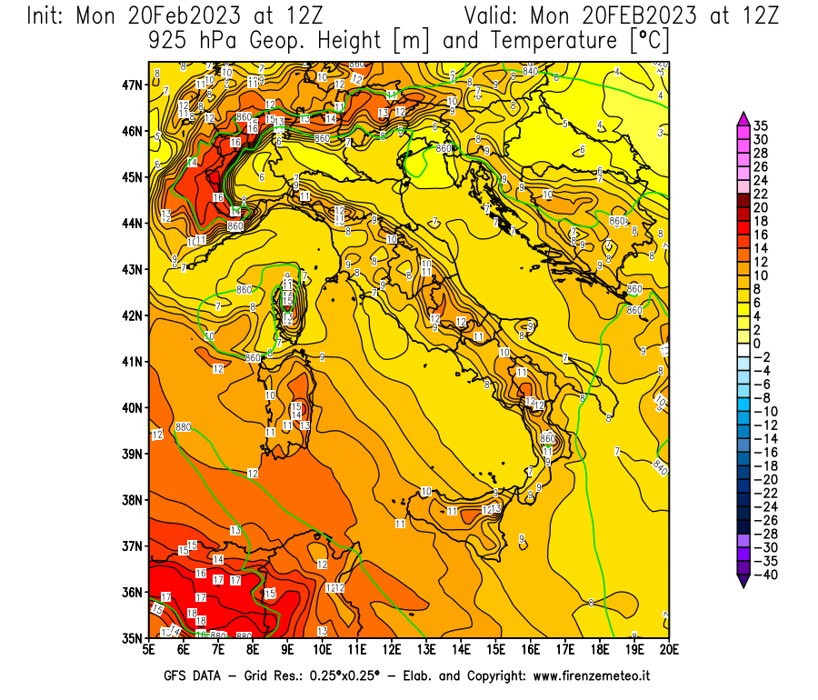 Mappa di analisi GFS - Geopotenziale [m] e Temperatura [°C] a 925 hPa in Italia
							del 20/02/2023 12 <!--googleoff: index-->UTC<!--googleon: index-->