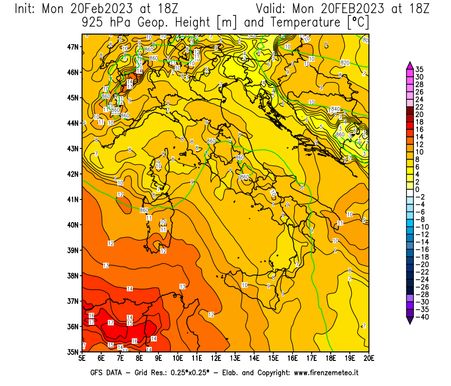 Mappa di analisi GFS - Geopotenziale [m] e Temperatura [°C] a 925 hPa in Italia
							del 20/02/2023 18 <!--googleoff: index-->UTC<!--googleon: index-->