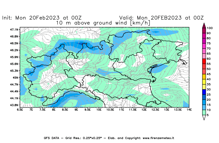 Mappa di analisi GFS - Velocità del vento a 10 metri dal suolo [km/h] in Nord-Italia
							del 20/02/2023 00 <!--googleoff: index-->UTC<!--googleon: index-->