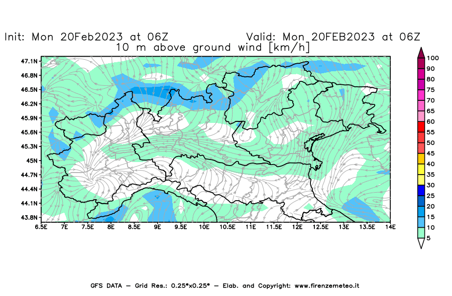 Mappa di analisi GFS - Velocità del vento a 10 metri dal suolo [km/h] in Nord-Italia
							del 20/02/2023 06 <!--googleoff: index-->UTC<!--googleon: index-->