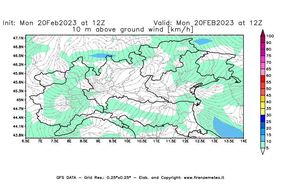Mappa di analisi GFS - Velocità del vento a 10 metri dal suolo [km/h] in Nord-Italia
							del 20/02/2023 12 <!--googleoff: index-->UTC<!--googleon: index-->
