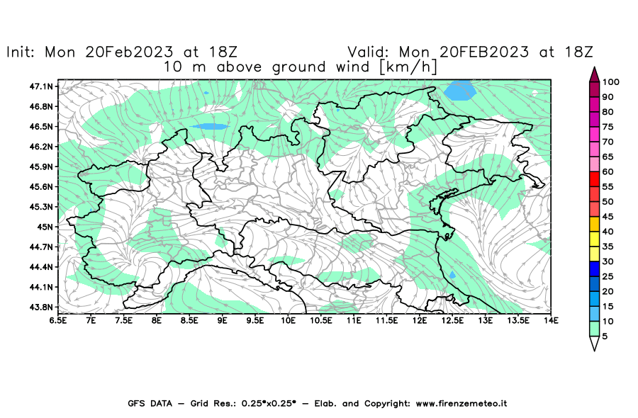 Mappa di analisi GFS - Velocità del vento a 10 metri dal suolo [km/h] in Nord-Italia
							del 20/02/2023 18 <!--googleoff: index-->UTC<!--googleon: index-->