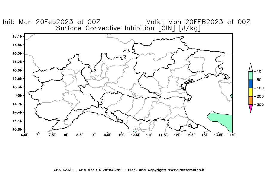 Mappa di analisi GFS - CIN [J/kg] in Nord-Italia
							del 20/02/2023 00 <!--googleoff: index-->UTC<!--googleon: index-->