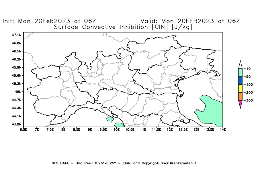 Mappa di analisi GFS - CIN [J/kg] in Nord-Italia
							del 20/02/2023 06 <!--googleoff: index-->UTC<!--googleon: index-->