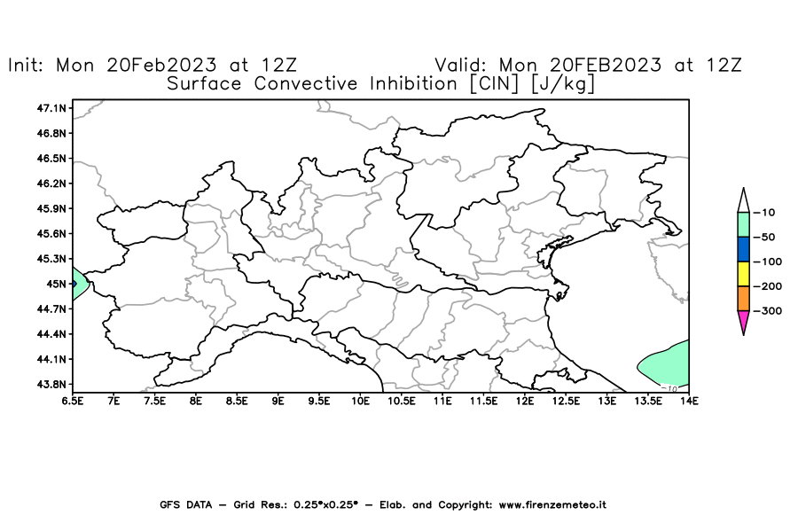 Mappa di analisi GFS - CIN [J/kg] in Nord-Italia
							del 20/02/2023 12 <!--googleoff: index-->UTC<!--googleon: index-->
