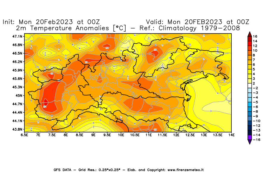 Mappa di analisi GFS - Anomalia Temperatura [°C] a 2 m in Nord-Italia
							del 20/02/2023 00 <!--googleoff: index-->UTC<!--googleon: index-->