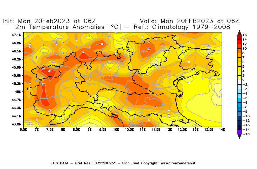 Mappa di analisi GFS - Anomalia Temperatura [°C] a 2 m in Nord-Italia
							del 20/02/2023 06 <!--googleoff: index-->UTC<!--googleon: index-->