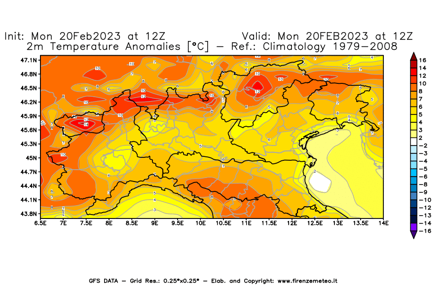 Mappa di analisi GFS - Anomalia Temperatura [°C] a 2 m in Nord-Italia
							del 20/02/2023 12 <!--googleoff: index-->UTC<!--googleon: index-->
