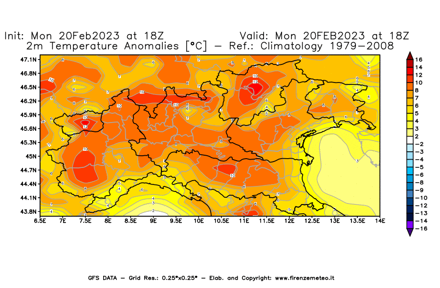 Mappa di analisi GFS - Anomalia Temperatura [°C] a 2 m in Nord-Italia
							del 20/02/2023 18 <!--googleoff: index-->UTC<!--googleon: index-->