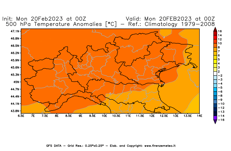 Mappa di analisi GFS - Anomalia Temperatura [°C] a 500 hPa in Nord-Italia
							del 20/02/2023 00 <!--googleoff: index-->UTC<!--googleon: index-->