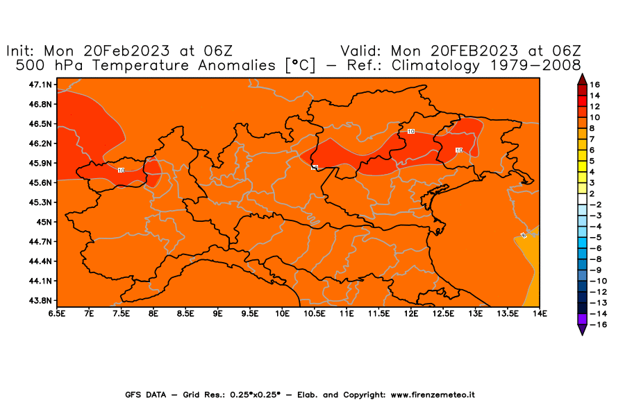 Mappa di analisi GFS - Anomalia Temperatura [°C] a 500 hPa in Nord-Italia
							del 20/02/2023 06 <!--googleoff: index-->UTC<!--googleon: index-->